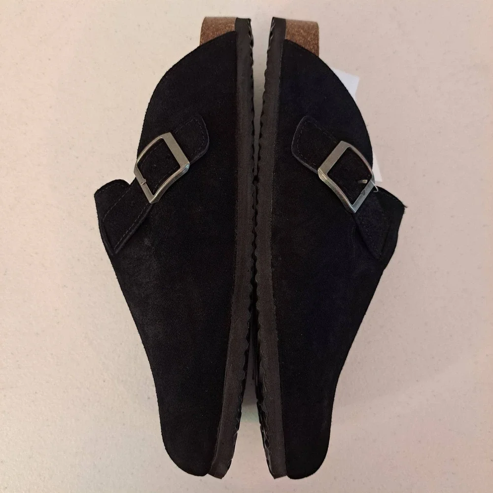 Khombu Damian Mule Mens 9 Black New Suede Cork Insole Buckle Clog 1253-462